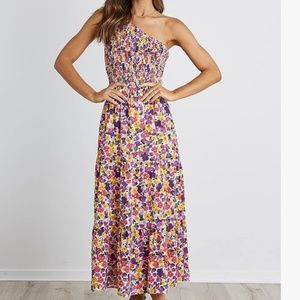 Smocked One Shoulder Boho Multicolor Floral Maxi Dress